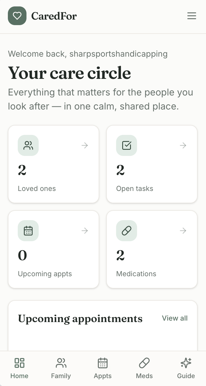 CaredFor app screen